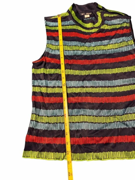 St. John Black Knit Top with Red, Lime and Aqua Stripes - Picture 3 of 8